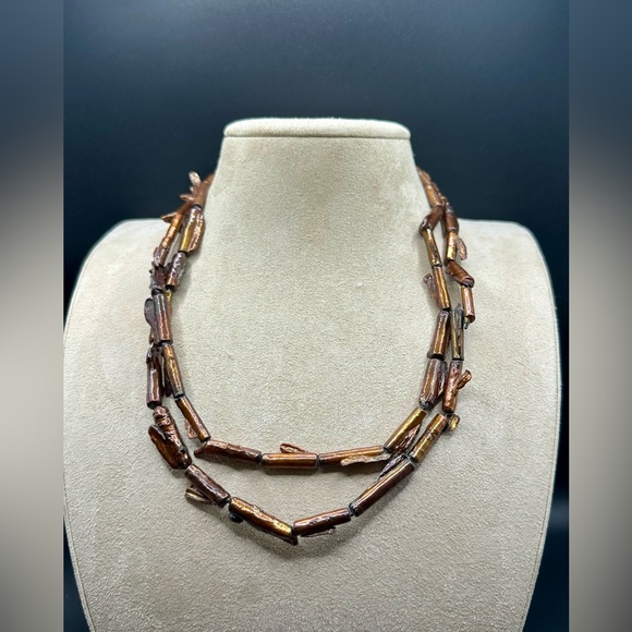 Estate Jewelry - Vintage Freshwater Pearl Biwa Stick Brown Iridescent Necklace - Women Jewelry